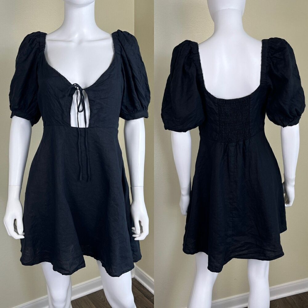 Capulet Women's Size L Black Linen Bernie Puff Sleeve Babydoll Cutout Mini Dress